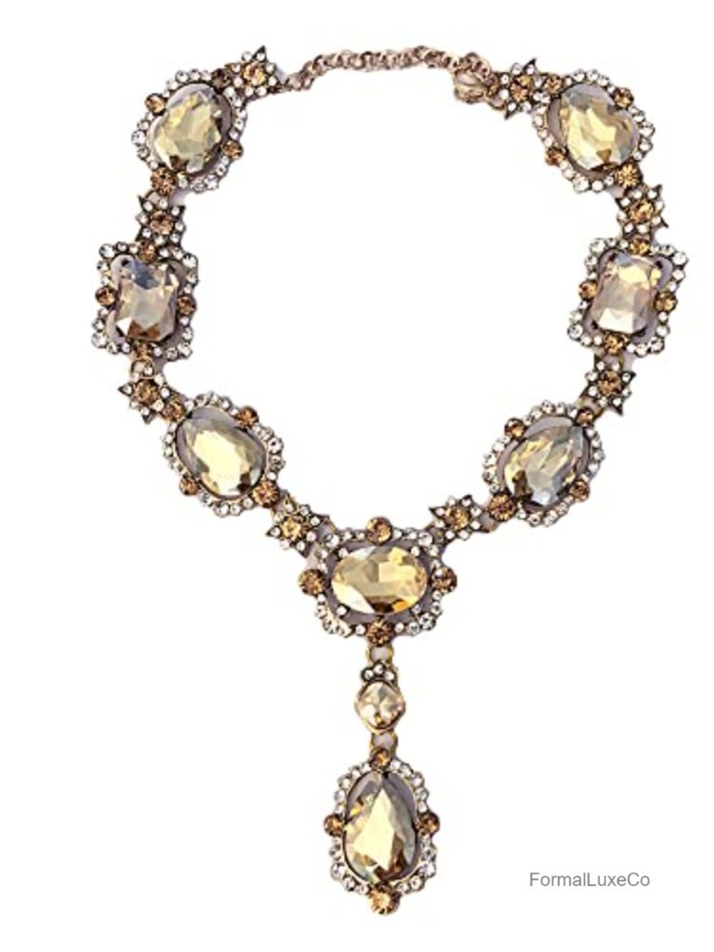Vintage Art Deco Rhinestone Statement Necklace Gold Tone 22in